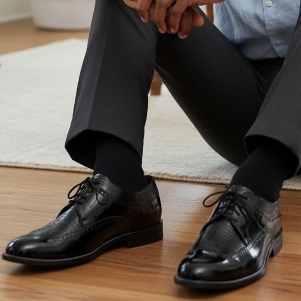 Baldwin Mens Black Patent Lizard Embossed Wingtip Oxford Dress Shoes Size‎ 12